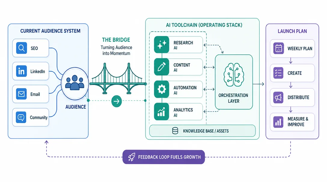 Editorial illustration of audience acquisition leading into an AI operating stack and launch plan.
