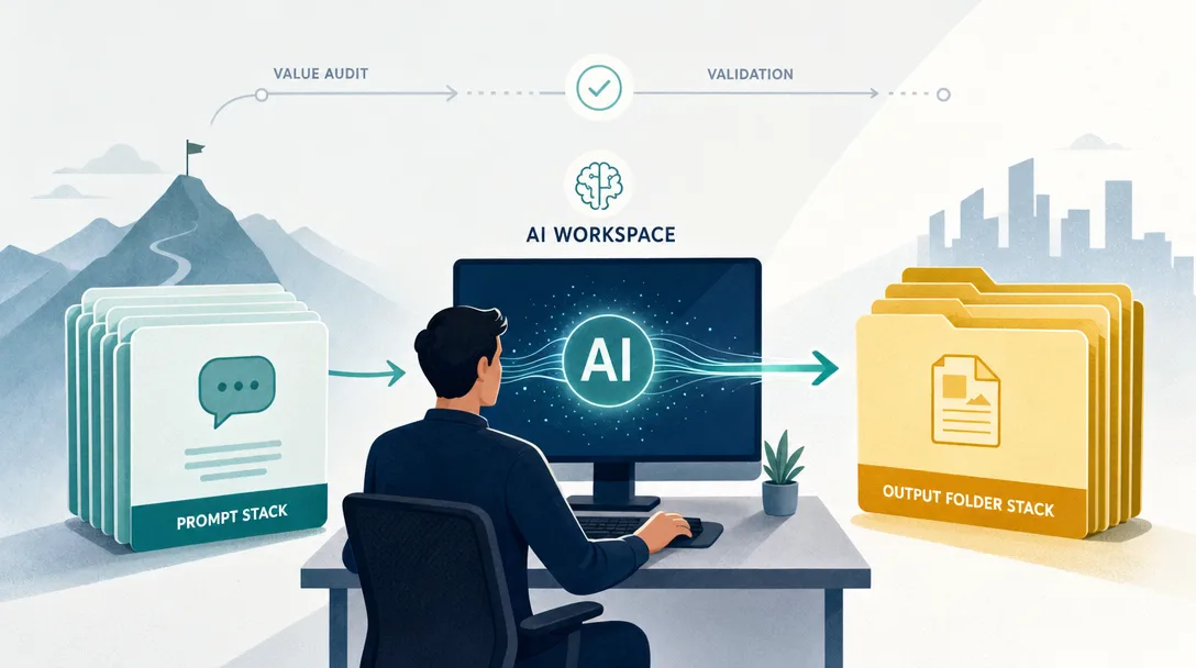 Editorial illustration of AI prompts producing organized offer-design files.