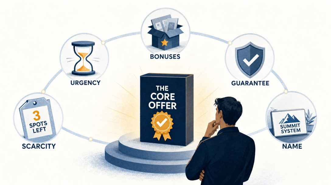 Editorial illustration of honest offer enhancers making a core offer easier to trust.