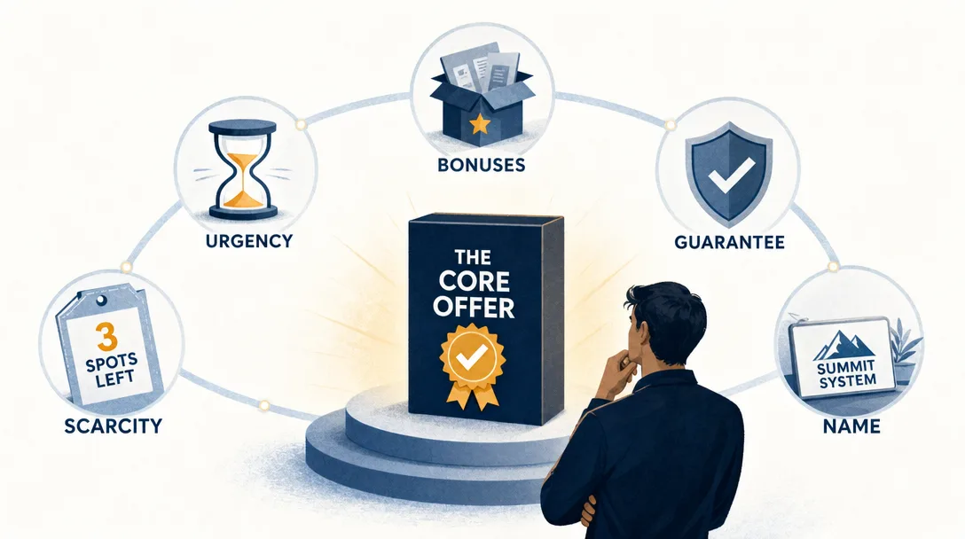 Editorial illustration of honest offer enhancers making a core offer easier to trust.