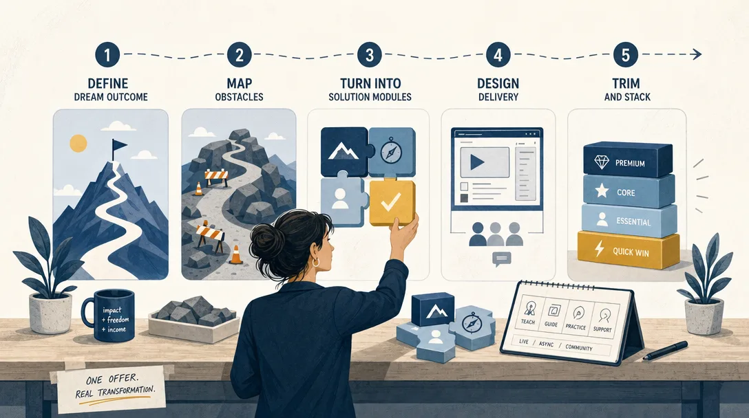Editorial illustration of a five-step process for building a solopreneur offer.
