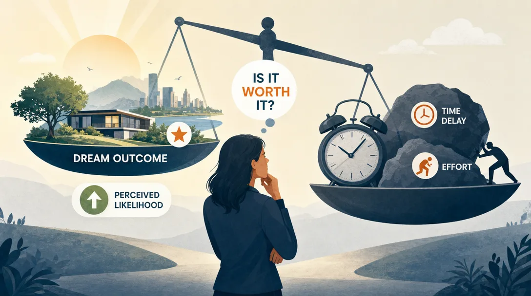 Editorial illustration of the value equation balancing buyer desire, belief, time, and effort.