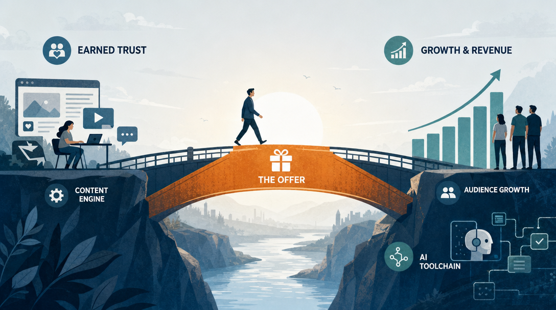 Editorial illustration of an offer leading into audience growth and an AI toolchain.