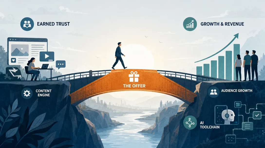 Editorial illustration of an offer leading into audience growth and an AI toolchain.