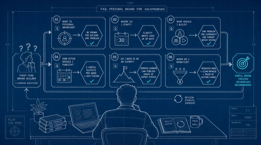 Editorial illustration of a six-question FAQ board for solopreneurs starting a personal brand.