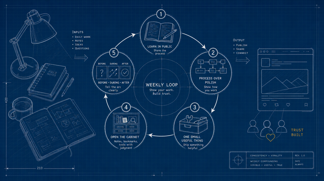 Editorial illustration of a weekly show-your-work loop without sliding into spam.