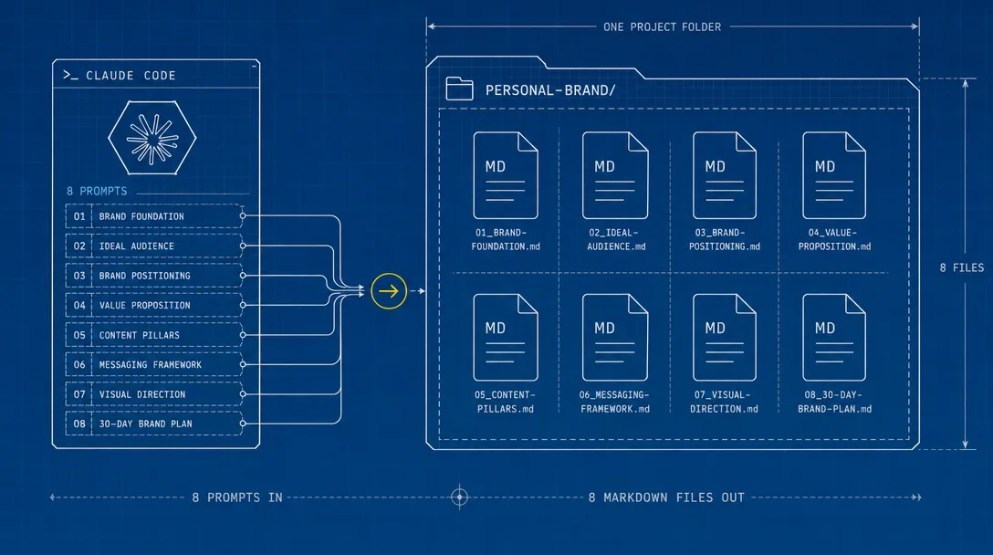 Editorial illustration of using AI prompts to turn a brand plan into eight working files.