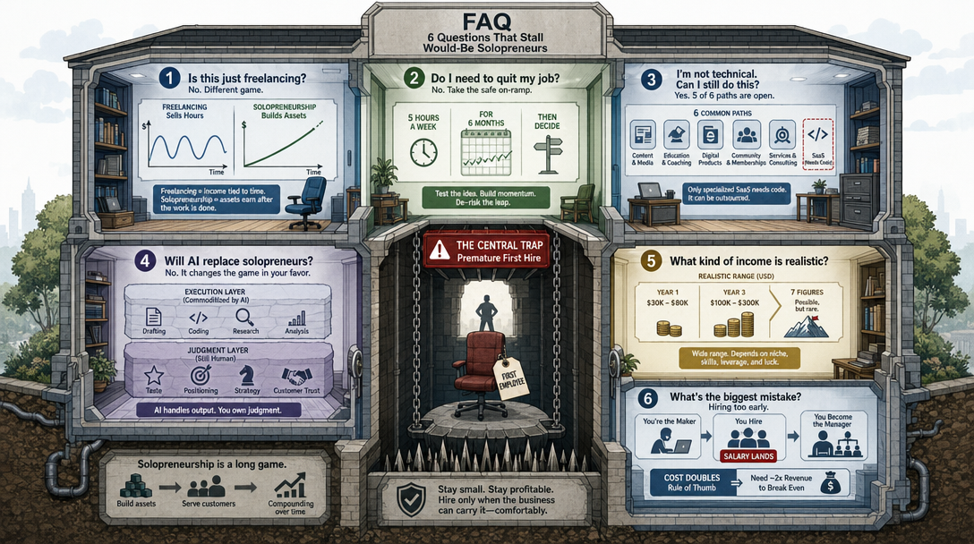 Cutaway illustration of six common solopreneur FAQs against the central trap of hiring too early