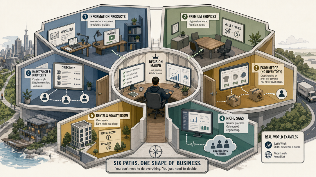 Cutaway illustration of six viable one-person business paths around a single decision-making core