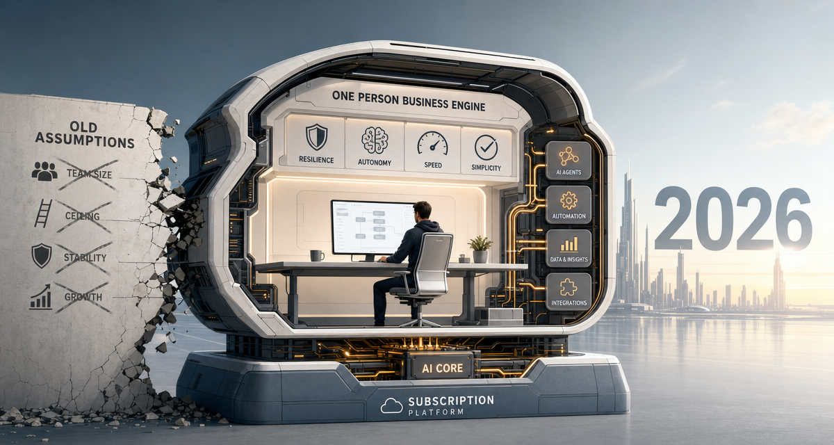 Editorial cover showing why one solopreneur can build a durable business with AI workflows and focused systems.