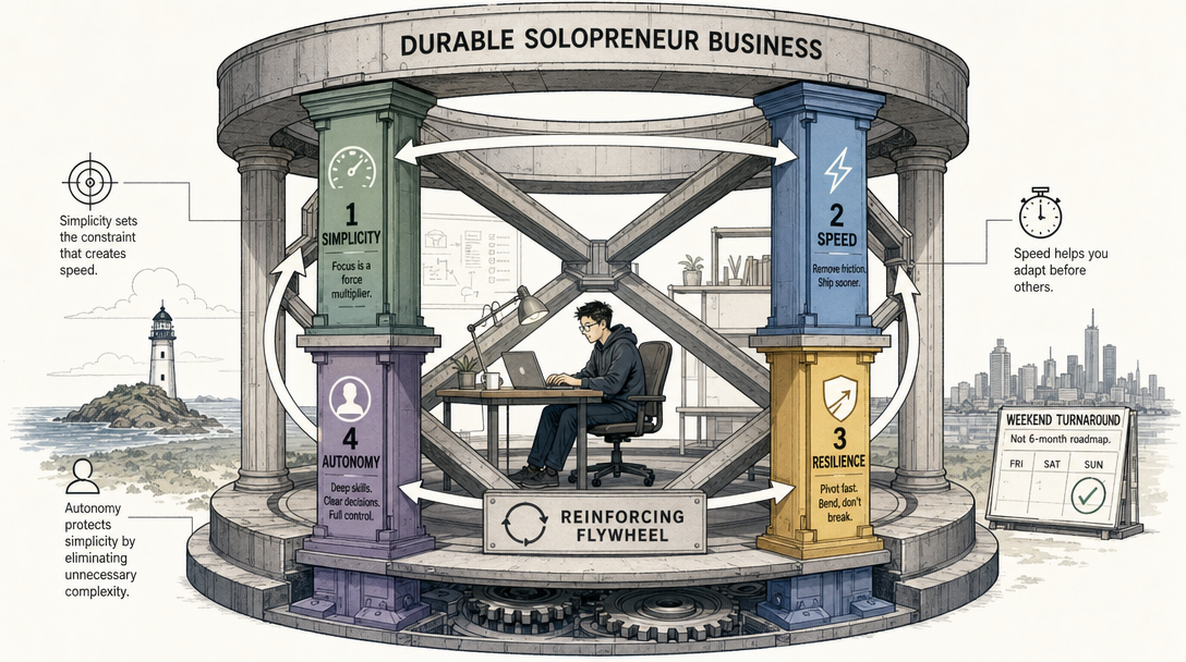 Cutaway illustration of four reinforcing solopreneur pillars: resilience, autonomy, speed, simplicity