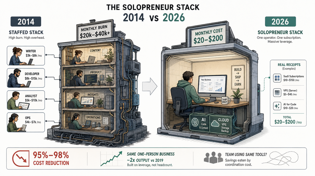 Cutaway illustration of the solopreneur stack collapsing from a 2014 team to a 2026 single subscription