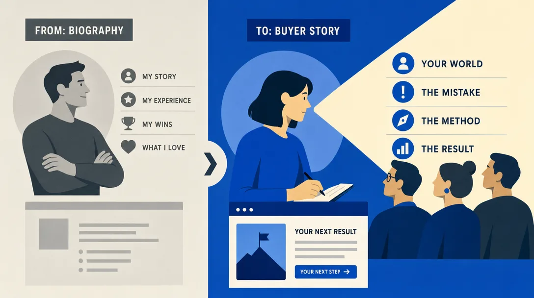 Editorial illustration of rewriting a forgettable solopreneur biography into a buyer-first landing page sequence.