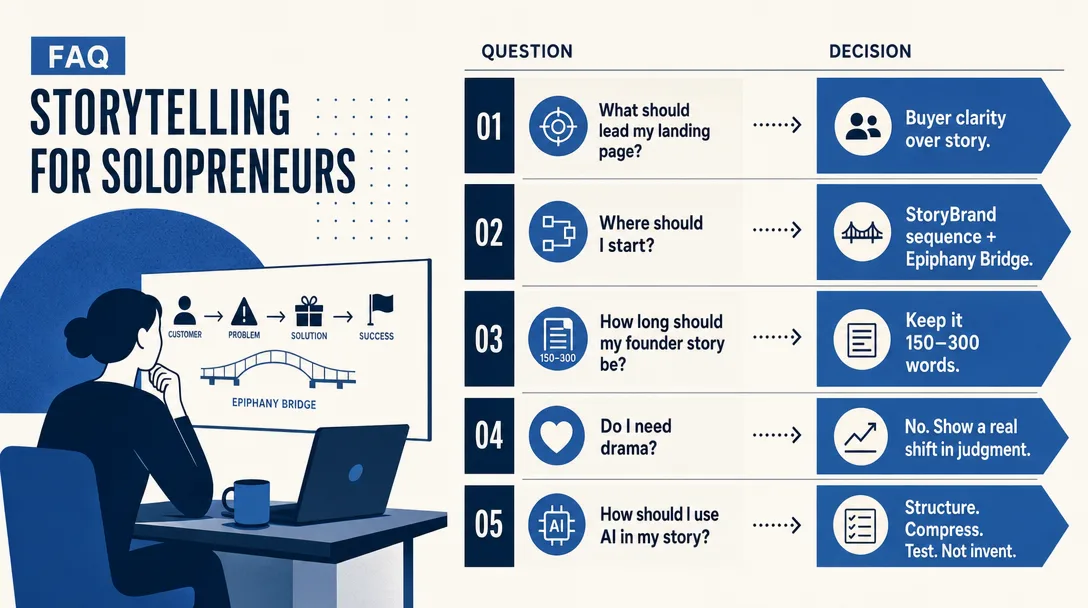 Editorial illustration of a five-question FAQ board for solopreneurs choosing a buyer-first story system.