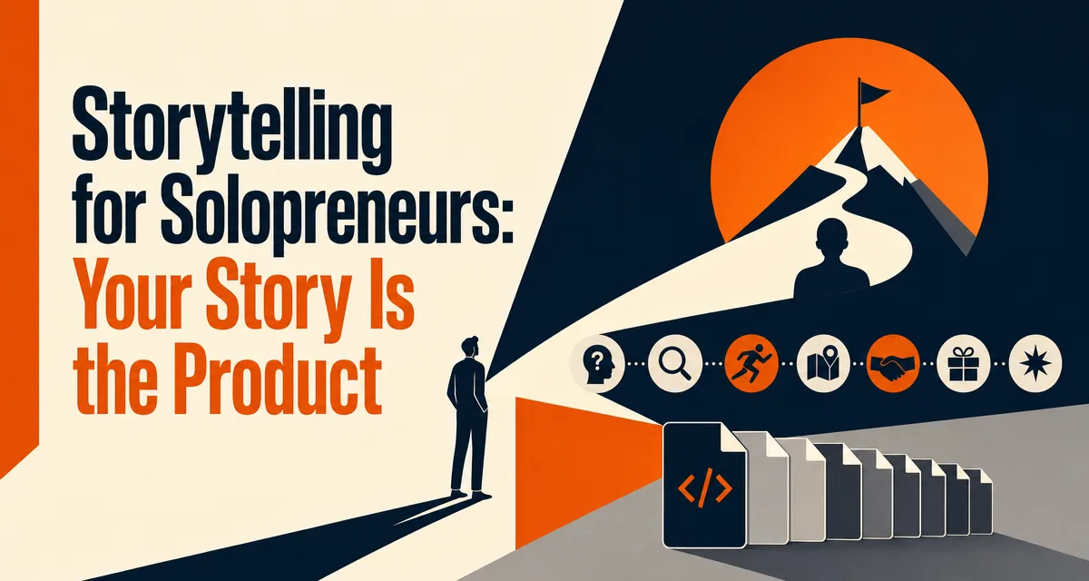 Editorial cover for a buyer-first story system that turns founder bio into a sequenced solopreneur landing page.