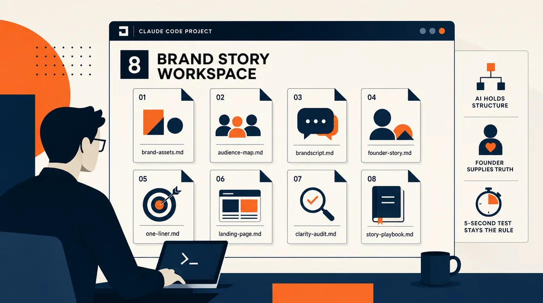 Editorial illustration of an eight-file brand-story workspace that turns the framework into operating documents.