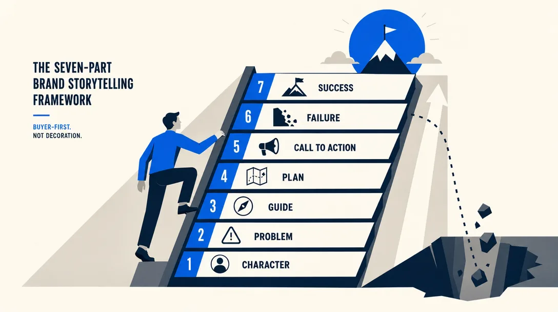 Editorial illustration of a seven-part brand storytelling framework arranged as a fixed buyer-first sequence.