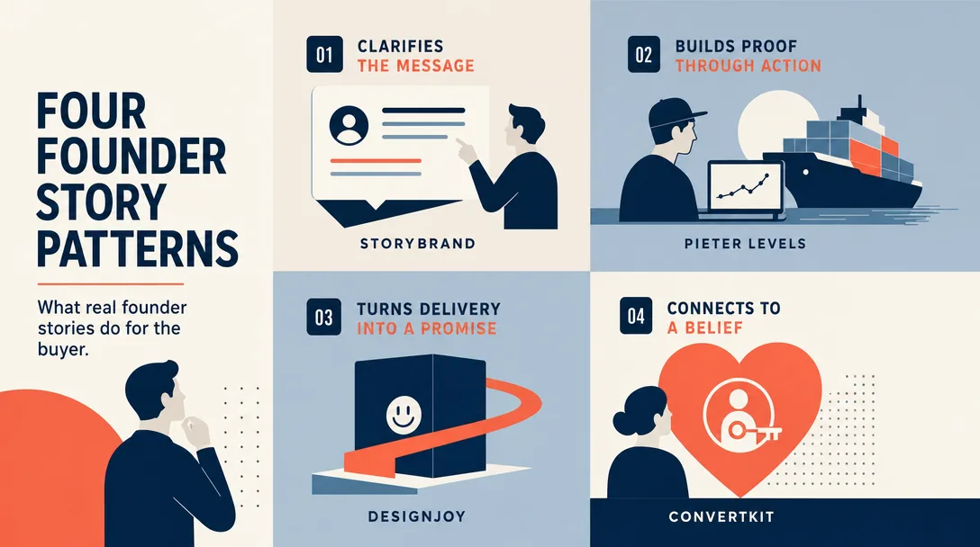 Editorial illustration of four founder story patterns each doing a different job for a solopreneur business.