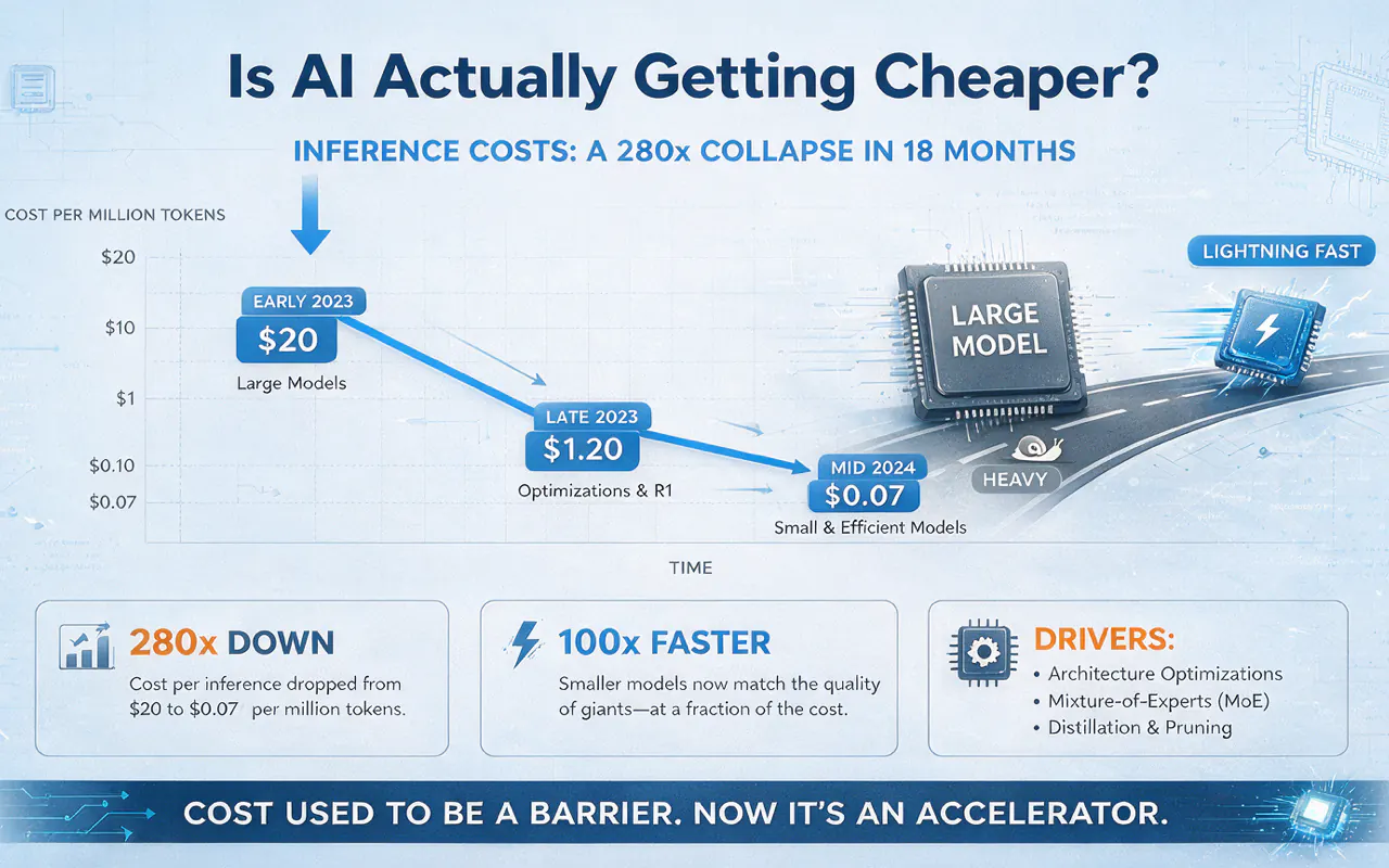 AI inference cost collapsing 280x from $20 to $0.07 per million tokens