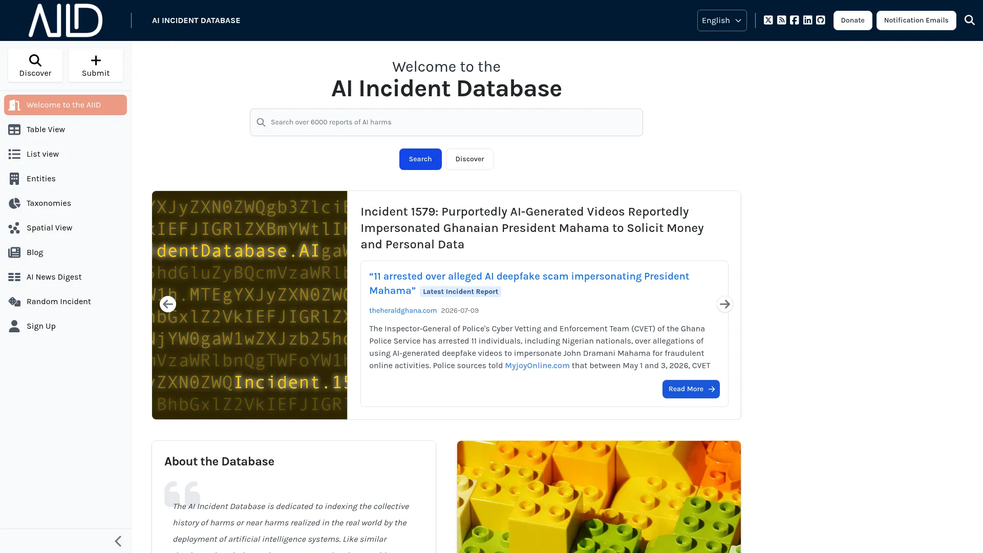 AI Incident Database homepage indexing thousands of real-world AI harm reports