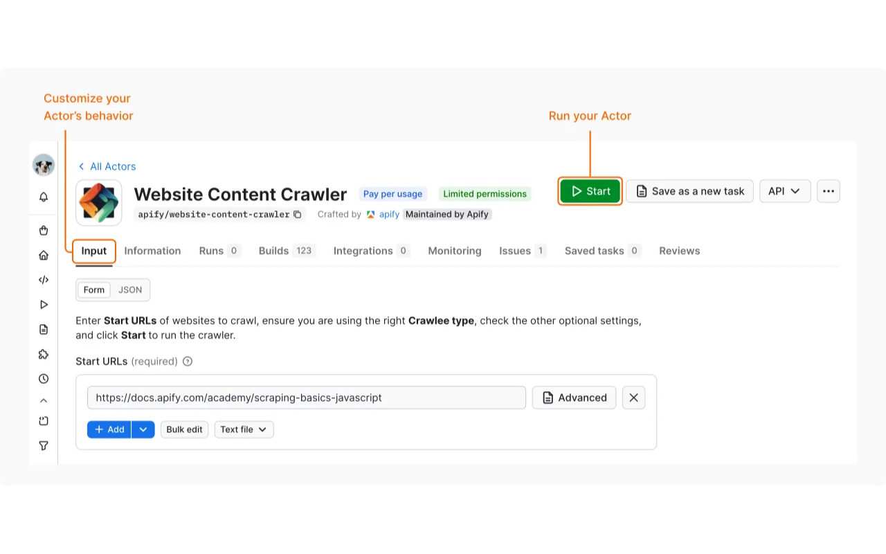 Apify Console Actor input and Start controls for data collection