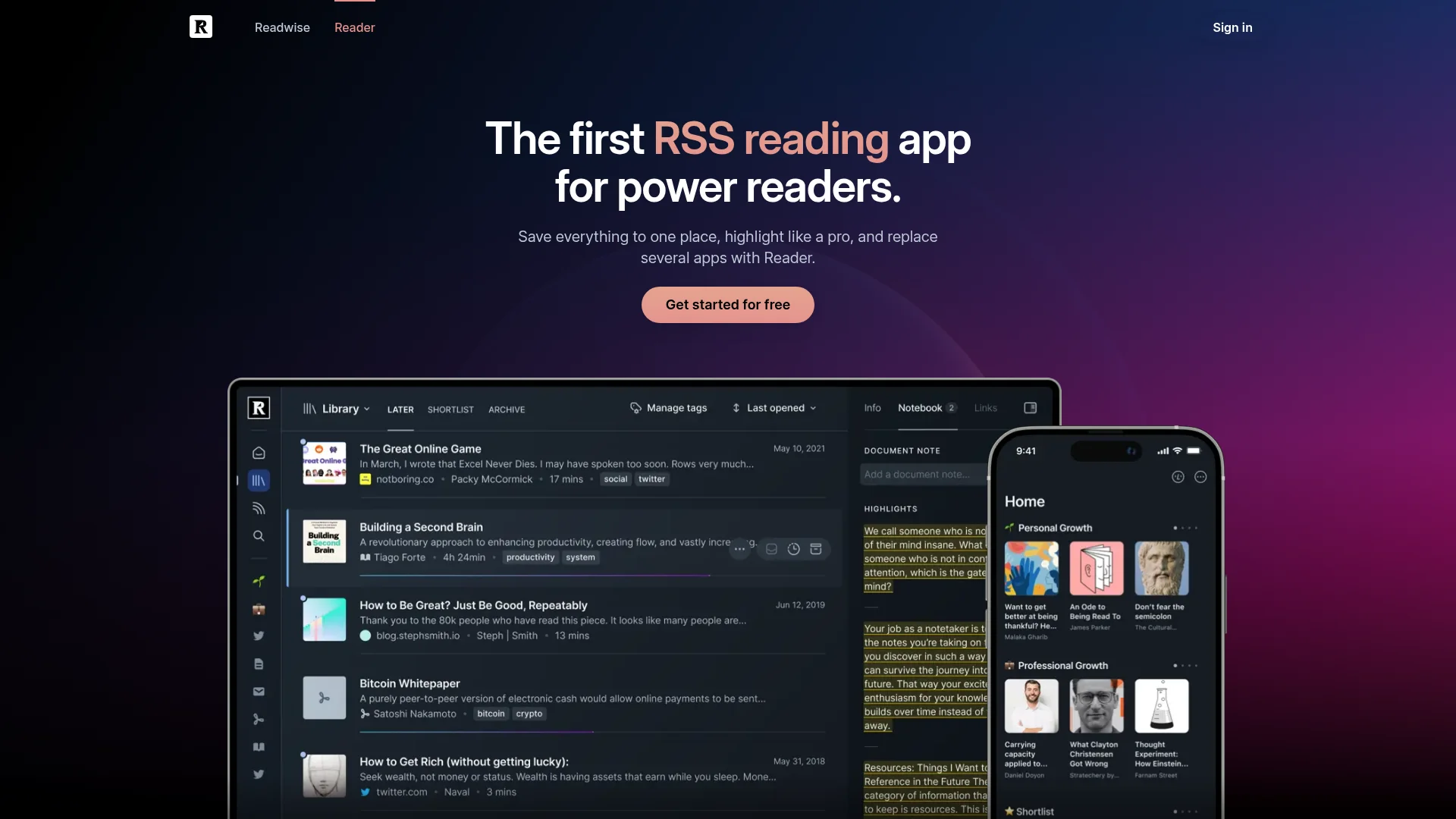 Readwise Reader workspace for capturing and organizing reading highlights