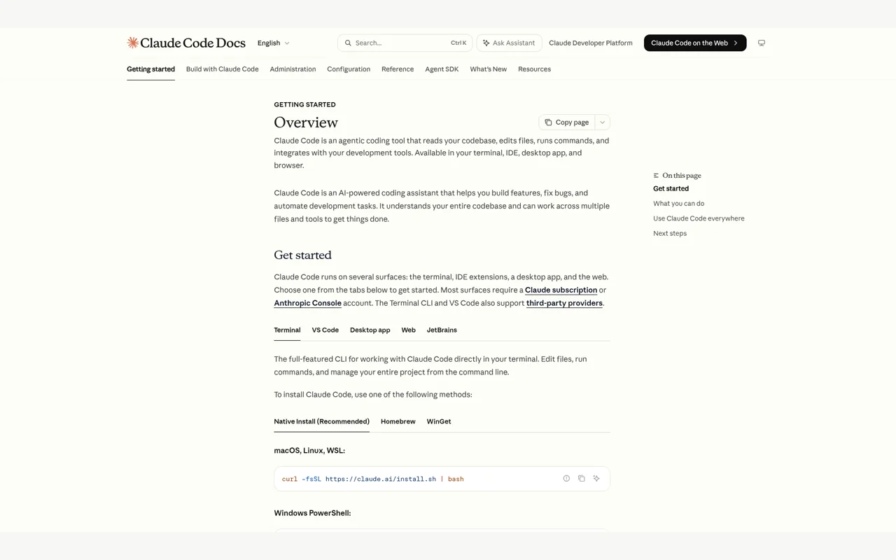 Claude Code overview and installation options for a first vibe coding project
