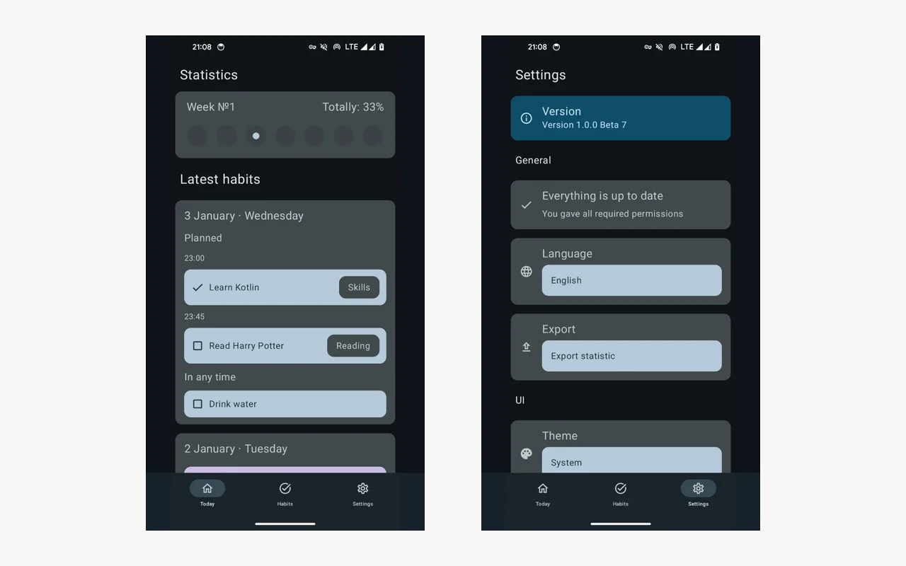 Community habit tracker example with statistics, habits, and settings screens