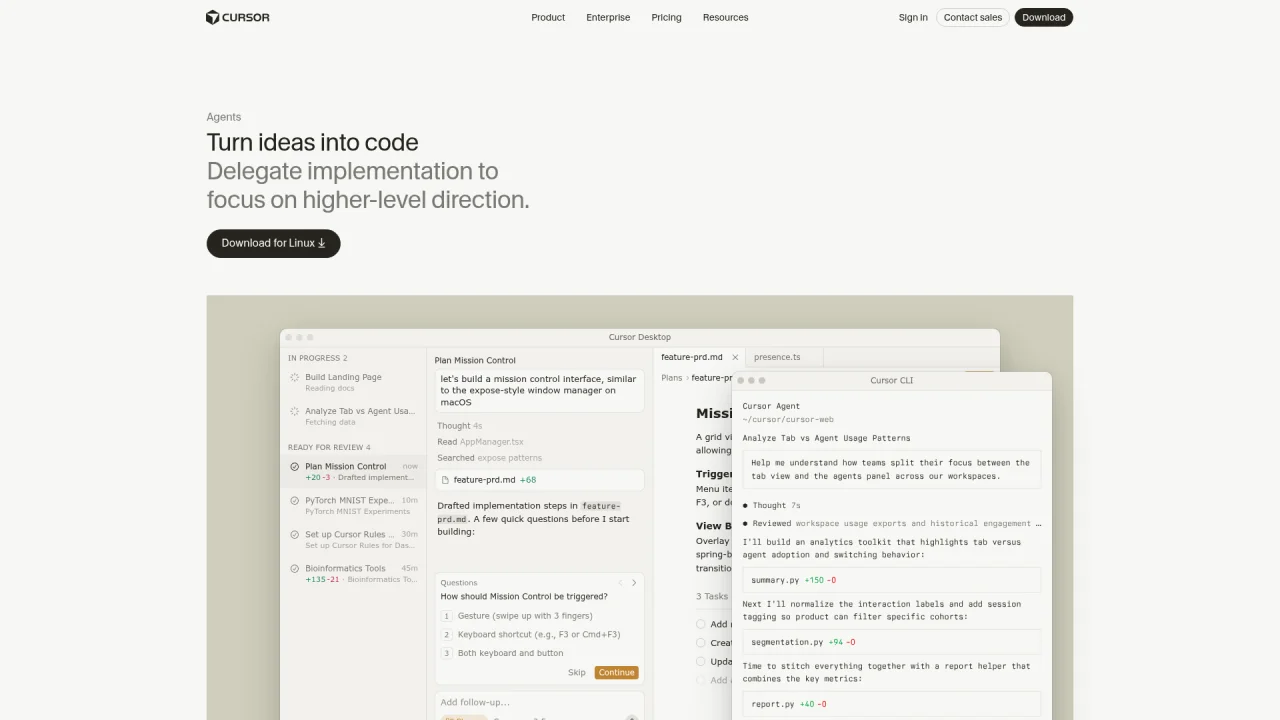 Cursor agent workspace showing tasks, plans, code changes, and review controls