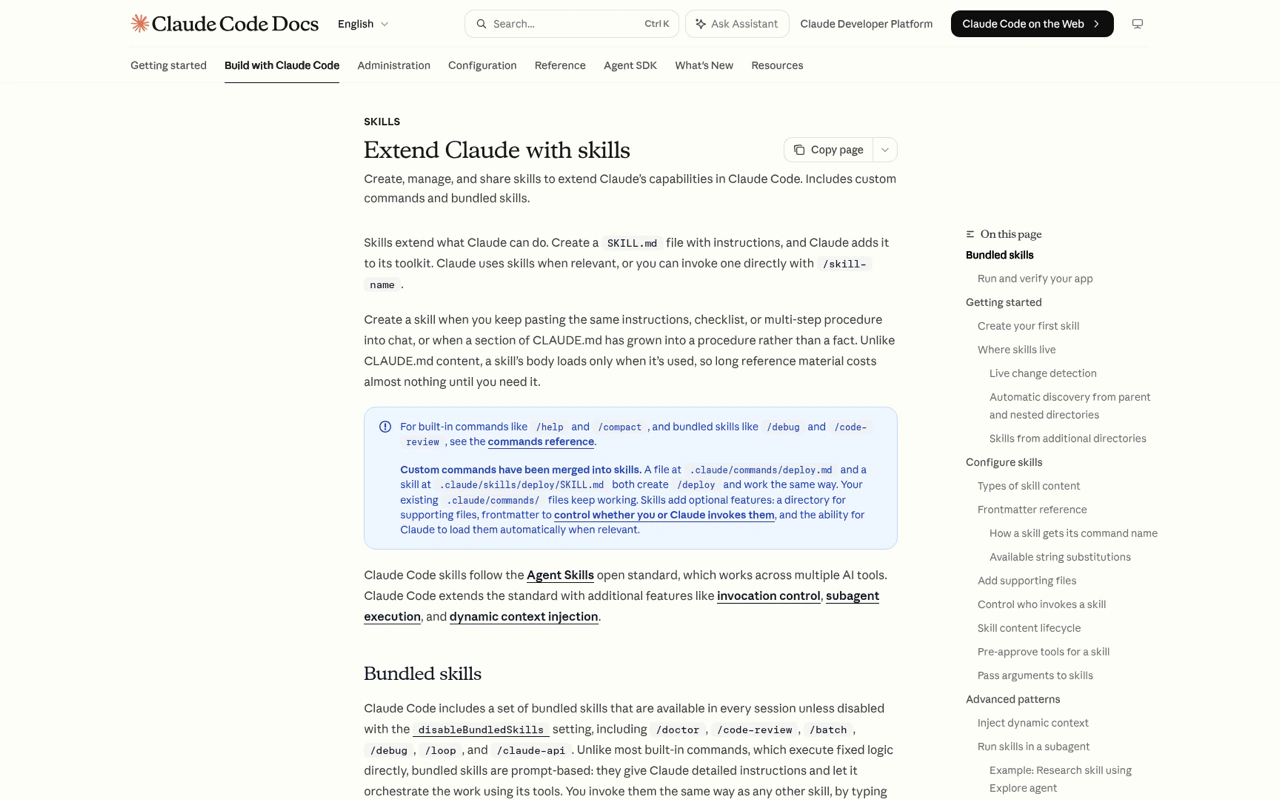 Claude Code Skills documentation for creating reusable custom skills