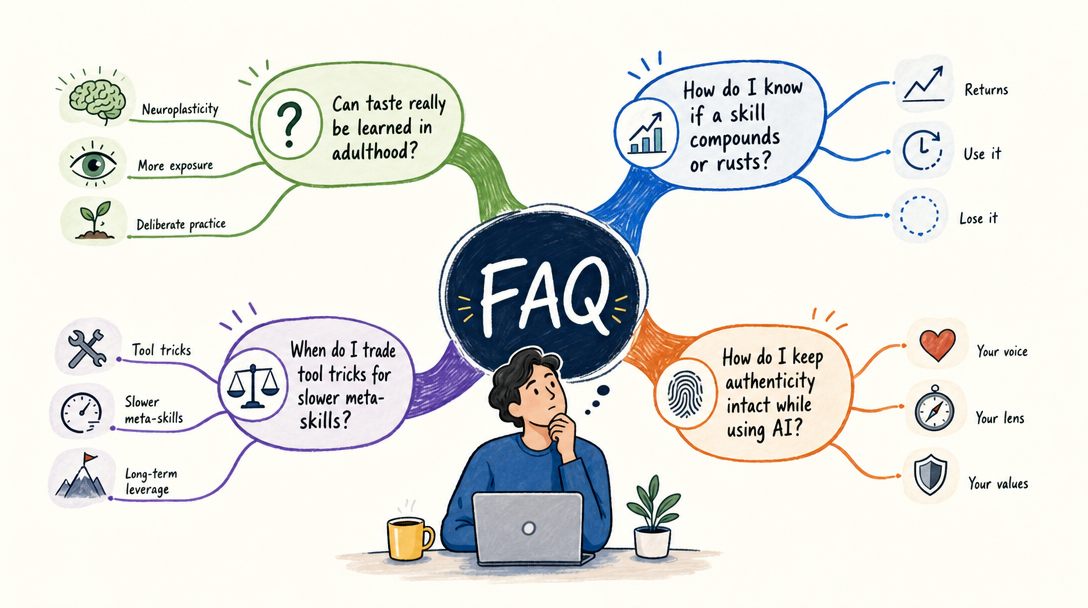 Mind map illustration of an FAQ panel with answers about taste, judgment, and which AI-era skills compound.