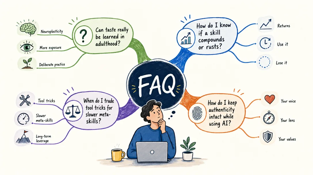 Mind map illustration of an FAQ panel with answers about taste, judgment, and which AI-era skills compound.