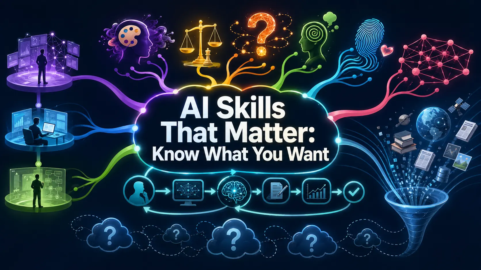 Mind map cover for the AI-era skills that still compound, with five branches radiating from a central knowing-what-you-want node.