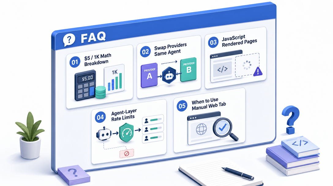 Isometric illustration of an FAQ panel covering search API costs, swapping providers, JS-rendered pages, and rate limits.