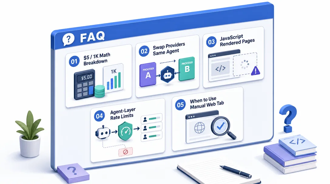 Isometric illustration of an FAQ panel covering search API costs, swapping providers, JS-rendered pages, and rate limits.