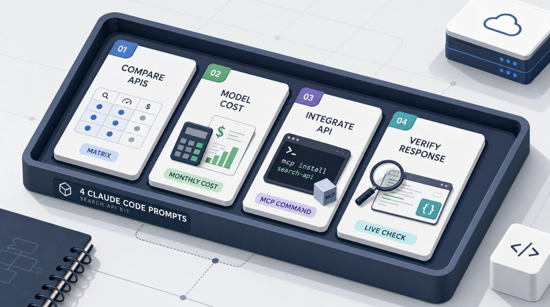 Isometric illustration of four reusable Claude Code prompts that pick a search API and wire it into the agent.