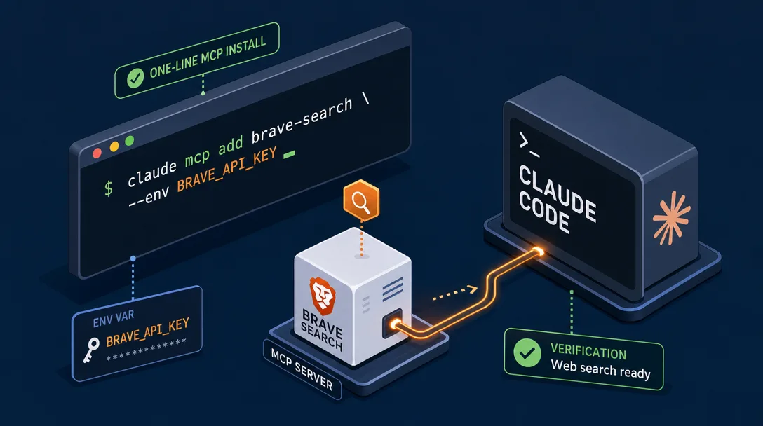 Isometric illustration of a one-line MCP install that wires the Brave search server into Claude Code.