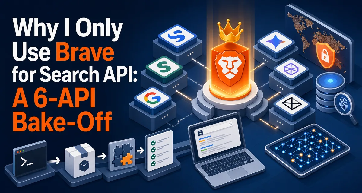 Isometric illustration cover for a six-search-API bake-off picking Brave for AI agents on three axes.