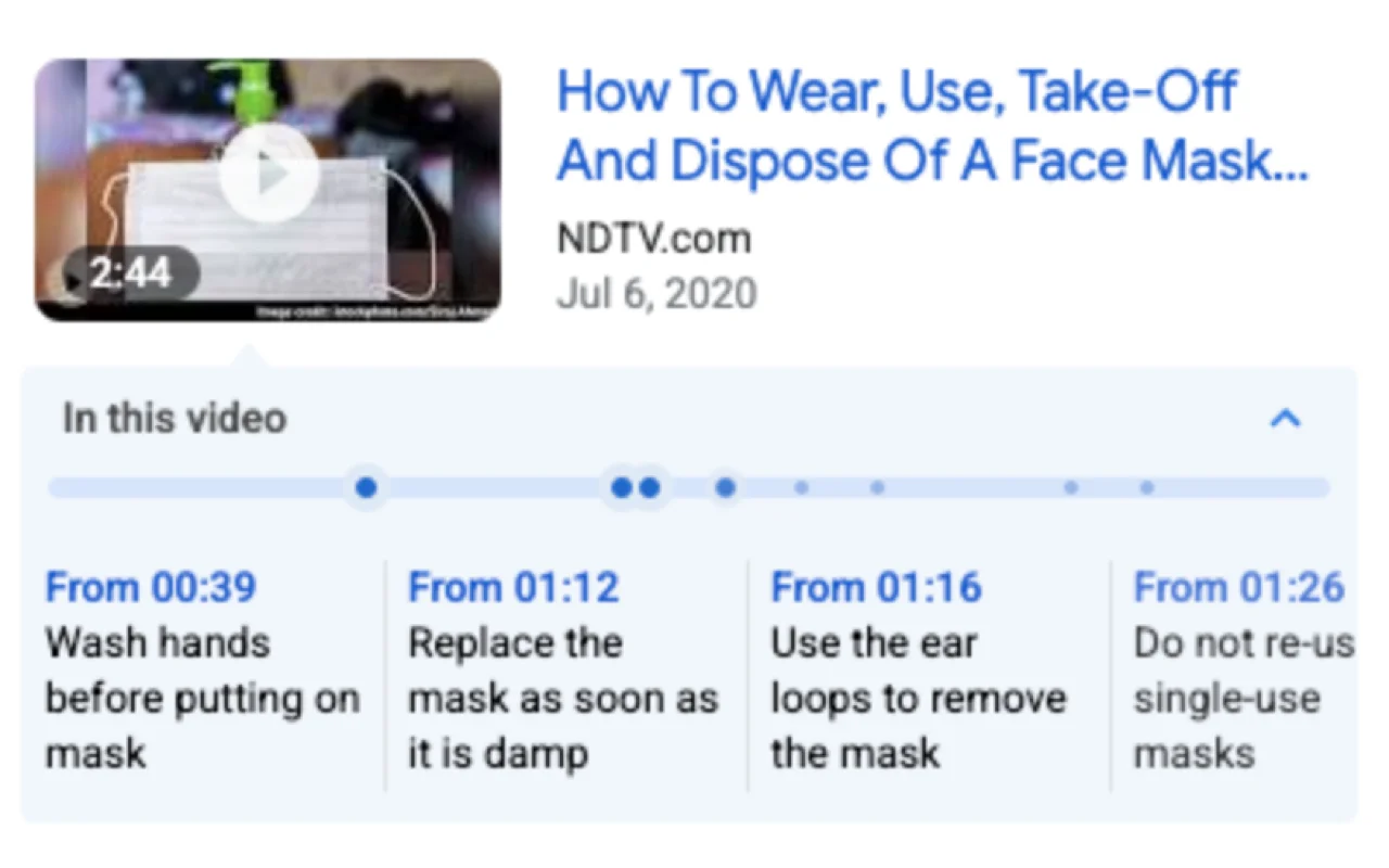 Google Search Key Moments generated from YouTube video timestamps