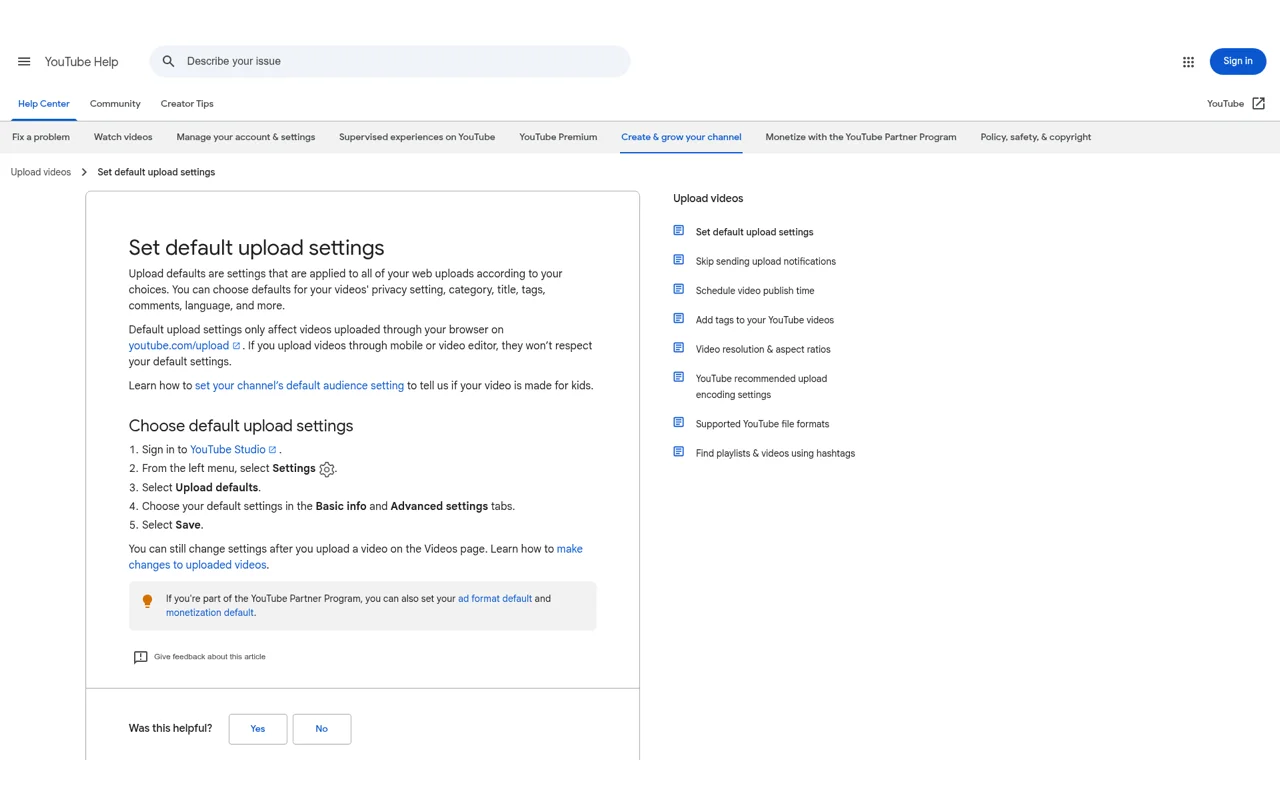 YouTube Help steps for configuring default upload settings