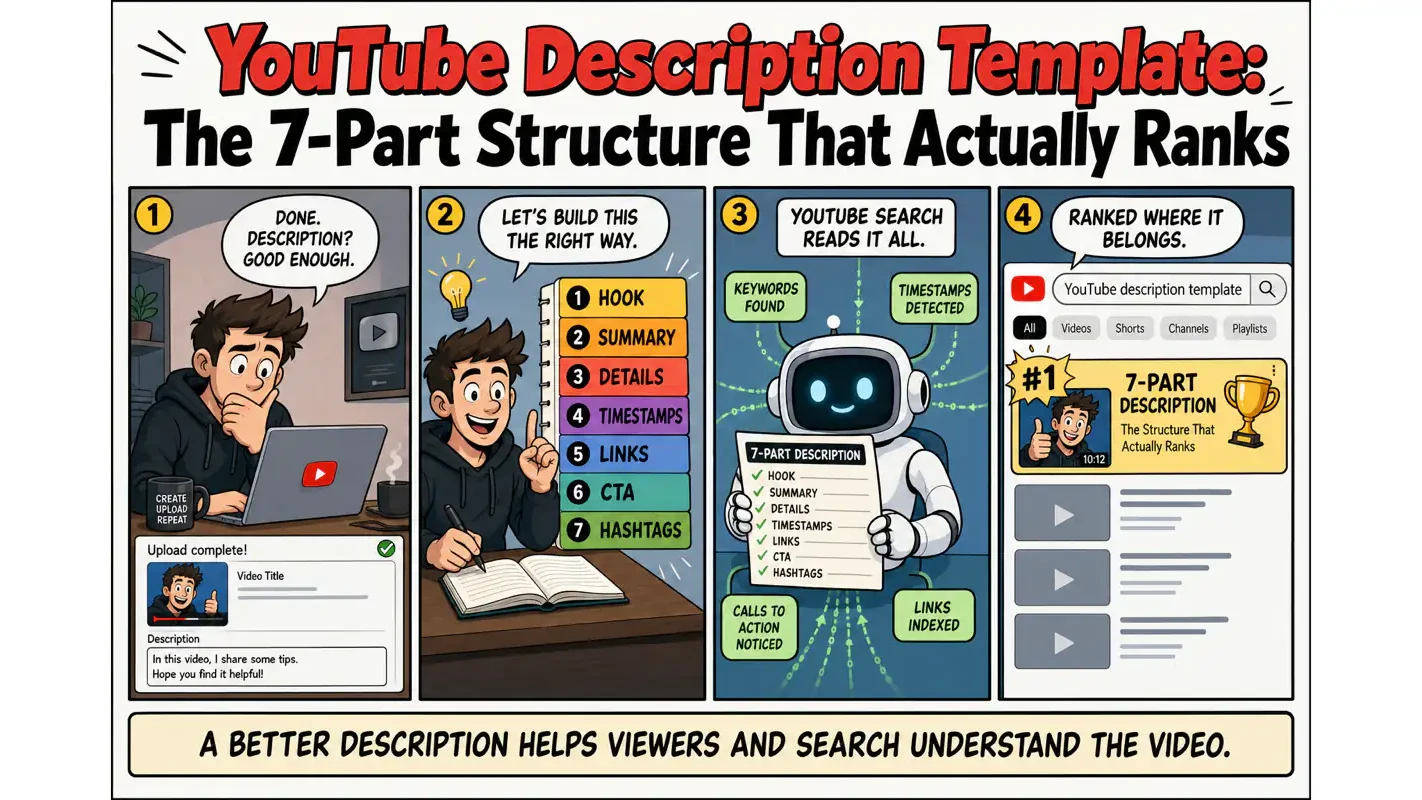 Editorial comic showing a YouTube description template improving search ranking