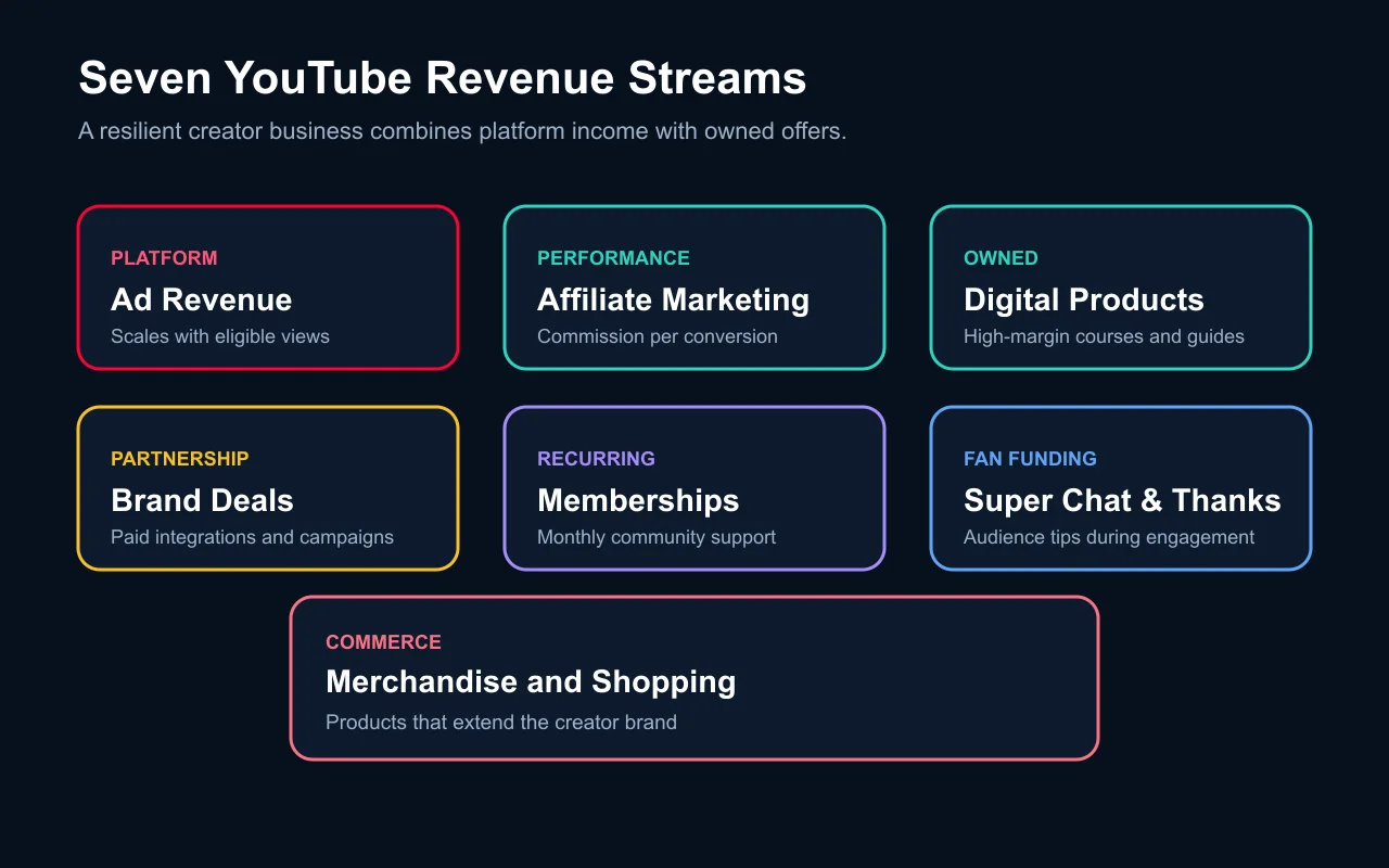 Seven YouTube revenue streams from ads to products, brands, and memberships