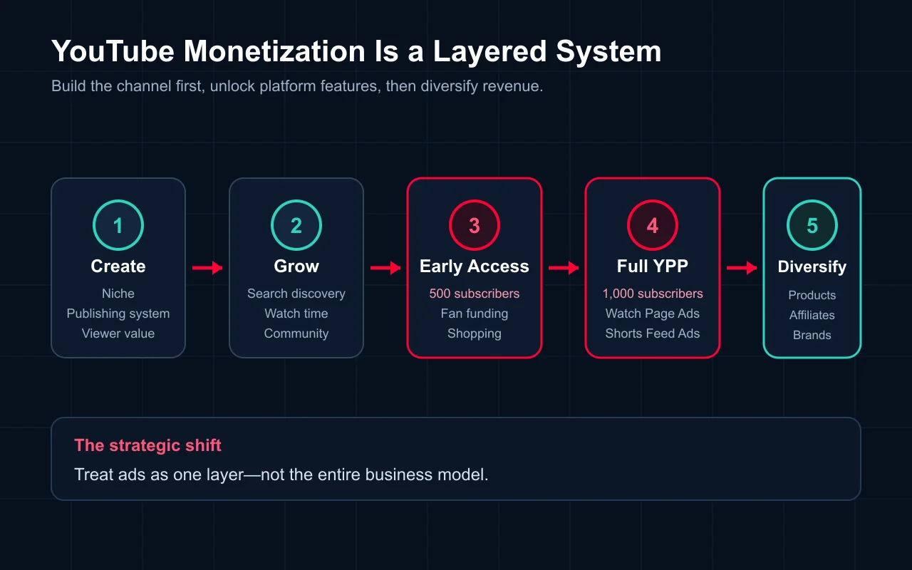 Layered YouTube monetization system from creation to diversified revenue