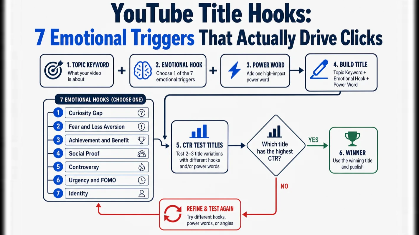 YouTube title hooks flowchart from keyword and emotion to CTR-tested winner